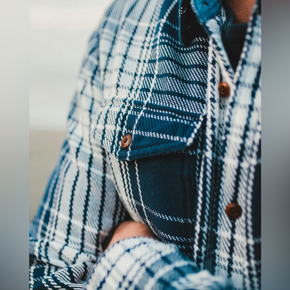 NEW OUTERKNOWN Flannel Blanket Shirt‎ Atlantic Blue Bigbury Plaid Small - Picture 3 of 16